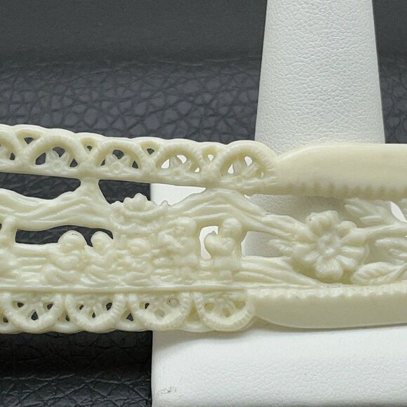 Vintage Celluloid Carved Plastic Letter Opener Asian Village Scene Floral Cream - Picture 7 of 11
